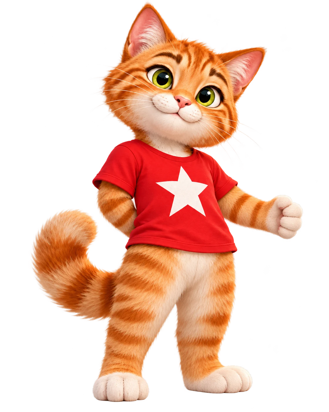 Gato laranja de camiseta vermelha com estrela branca